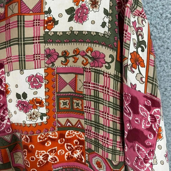Vintage Button Up Top Womens Large‎ Silk Red Floral Patchwork Boho Indie Hippie - Picture 4 of 8